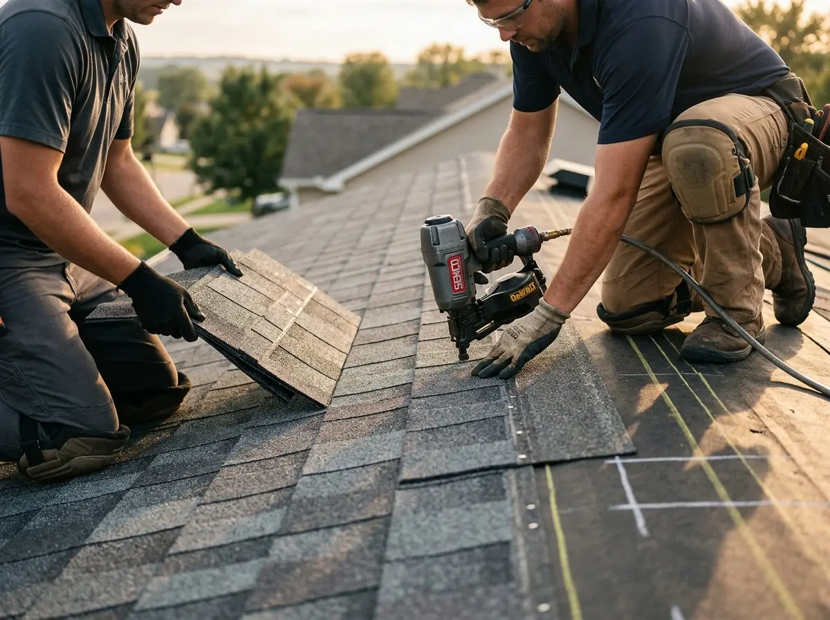 Professional roofer working on a residential roof in Belmont